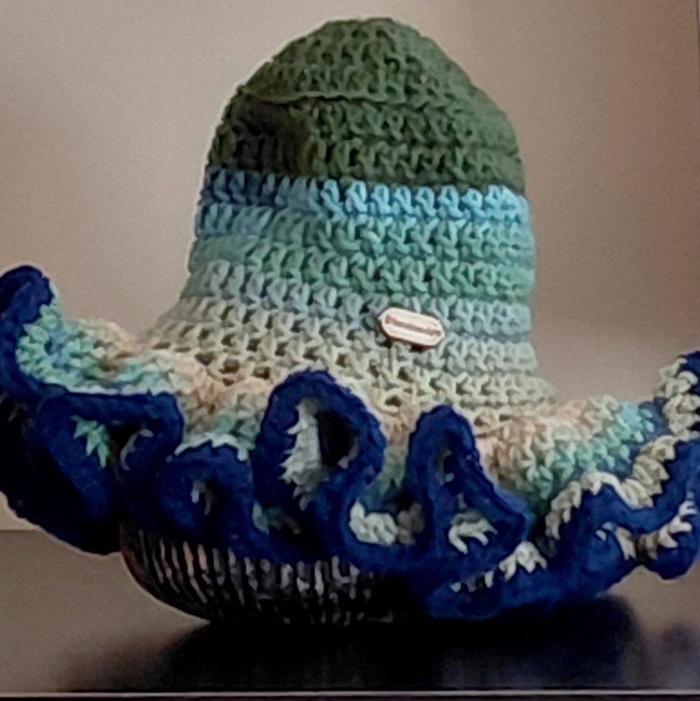 Blue/Multicolor Crochet Hat with Ruffled Brim